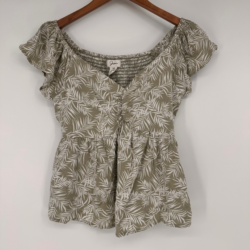 Japna Peplum Blouse Womens Medium Palm Print Smocked Flutter Sleeve Green Modern